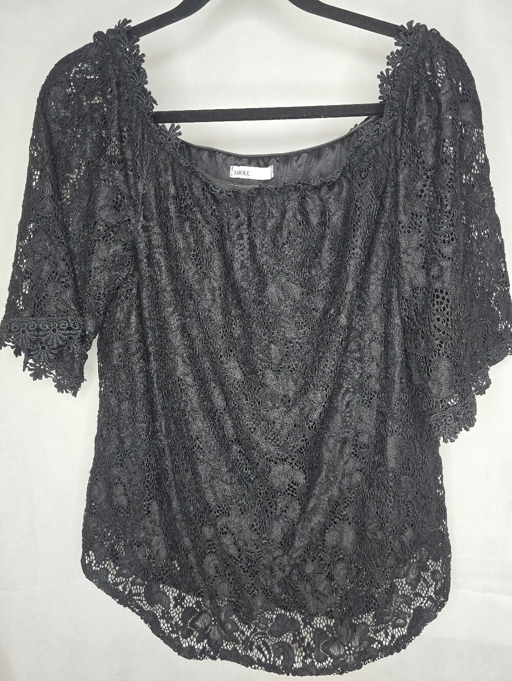 Miholl Lace Blouse Black Sheer Floral Scallop Short Sleeve Off Shoulder Romantic